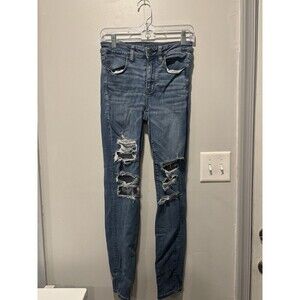 American Eagle Next Level Stretch Hi Rise Jegging Medium Wash Blue Distressed 6